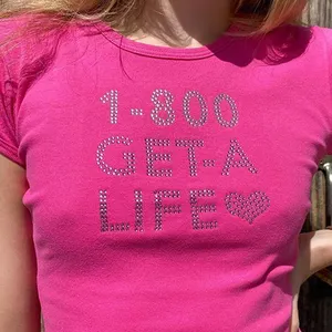 Уличная одежда Y2K, летняя розовая футболка, Детская футболка с логотипом на заказ, кроп-топ со стразами для женщин