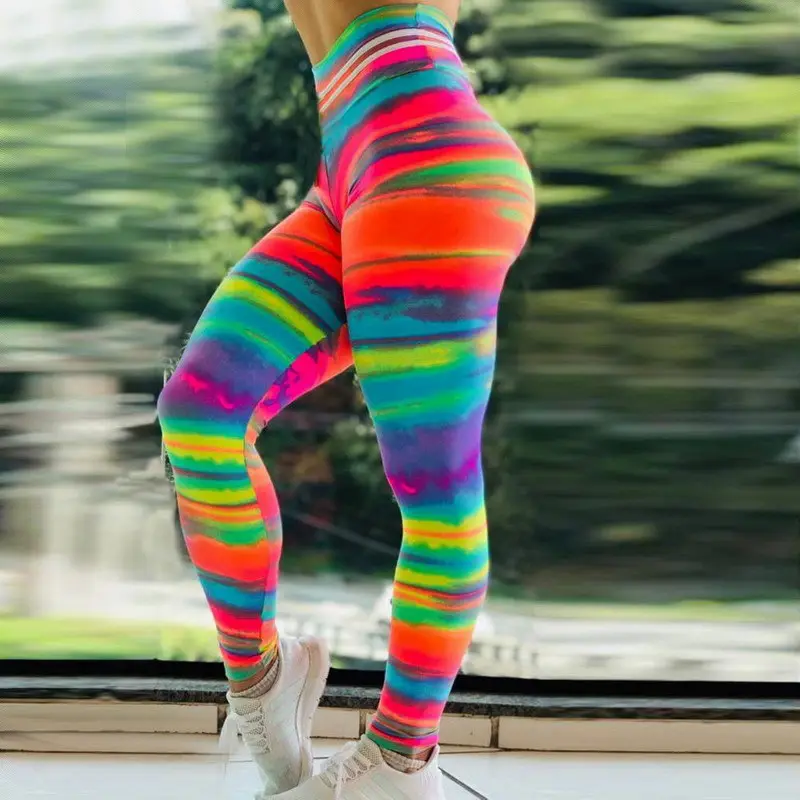 여성 다채로운 인쇄 피트니스 높은 허리 바닥 스포츠 요가 레깅스