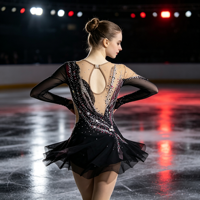 Robe de patinage artistique noire, dos en V profond, manches longues en maille, strass, costume de performance pour enfants et adultes, compétition