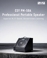 Amplificateur de batterie portable CSY PM-50A |   50W RMS / 70W de pointe, volume BT indépendant |   Entrée/Sortie 6,35 mm, égaliseur 3 bandes |   Compatible avec UNLOCK/Roland/Yamaha