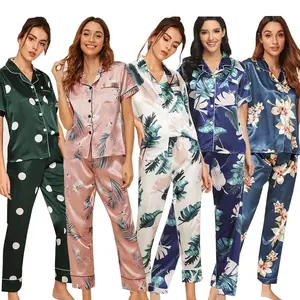 OEM Custom Print Button Down Kurzarm Sleep Lounge Wear Nachtwäsche Satin Langarm Pyjama Zweiteiliges Nachtwäsche-Set für Frauen