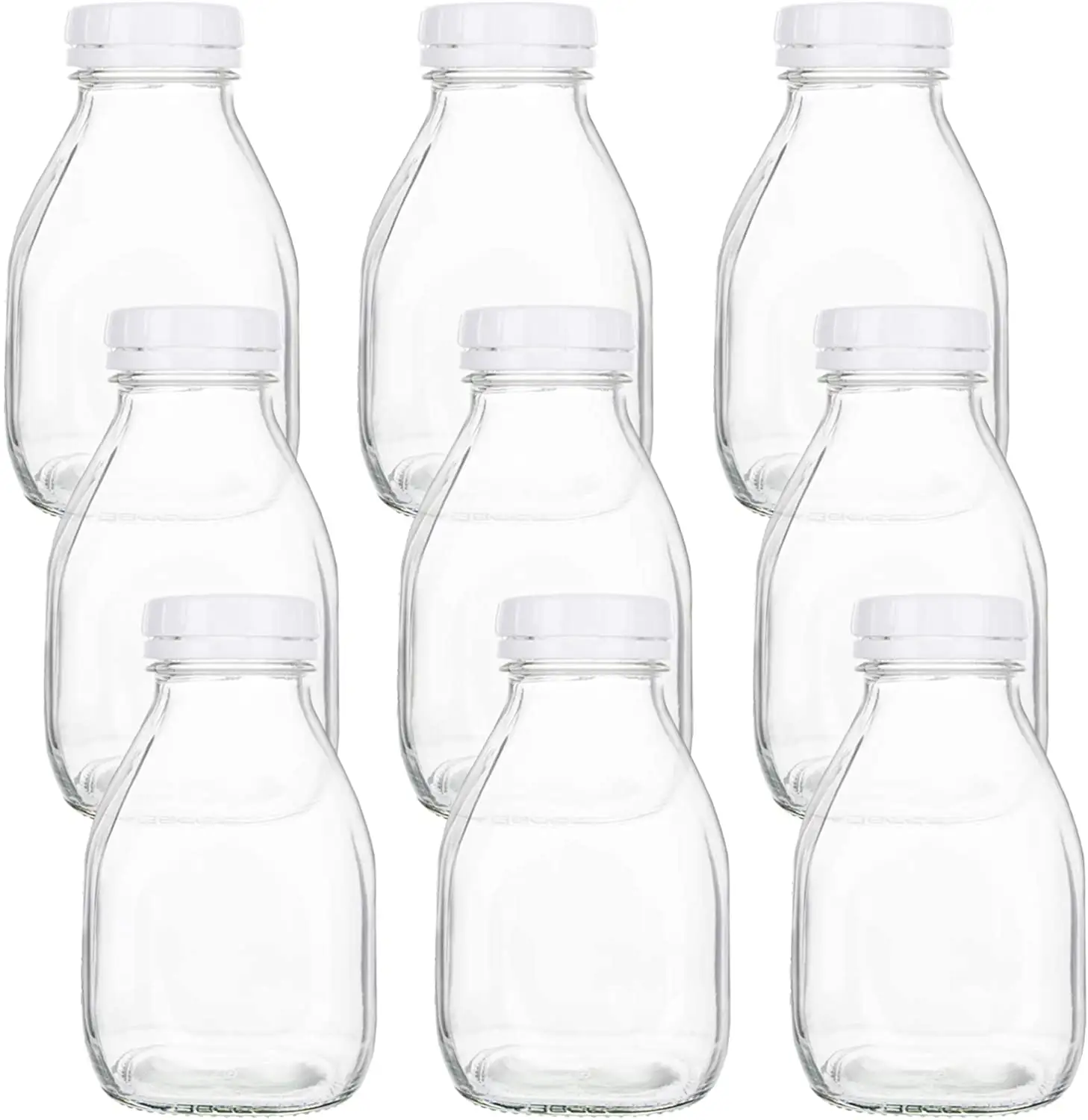 16oz Heavy Glass Milk Bottles with White Screw On Caps, Vintage Breakfast Shake Container for Beverage Glassware and Drinkware