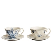 Ensemble tasse et soucoupe en céramique style pastoral vintage français, motif fleur de Campsis, avec anse, capacité 250 ml, pour café, latte, thé de l'après-midi, dessert
