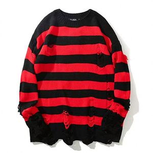 <strong>Black</strong> <strong>Red</strong> Striped Sweaters Washed Destroyed Ripped Sweater Crew Neck Men Hole Knit <strong>Jumpers</strong> Men Women Oversized Sweater Harajuku - Product Image 1