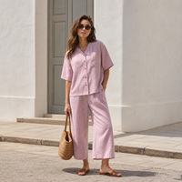 Ensemble décontracté deux pièces en coton et lin pour femme, haut à manches courtes boutonné et pantalon large, pour intérieur et extérieur, tenue de jour SOFT09
