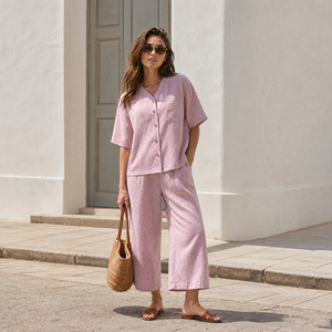 Conjunto <span class=keywords><strong>Casual</strong></span> de Dos Piezas de Lino y Algodón para Mujer, Top de Manga Corta con Botones y Pantalones Anchos, Ropa de Interior y Exterior, Ropa de Día SOFT09 - Product Image 3