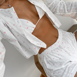 Conjunto de Pijama de 3 Piezas para Mujer, Tejido de Punto, Estampado Gráfico, Transpirable, de Poliéster, Manga Larga, Ropa de Dormir para Otoño - Product Image 3