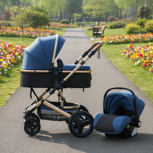 Poussette bébé 3 en 1 avec siège auto, en tissu lin et Oxford, pliable à un bouton, cadre en alliage d'aluminium, possibilité de s'asseoir et de se coucher - Product Image 5