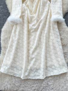 Robe midi élégante en dentelle à manches longues avec garniture en peluche pour femme, taille cintrée, collection automne-hiver, idéale comme sous-vêtement. - Product Image 3