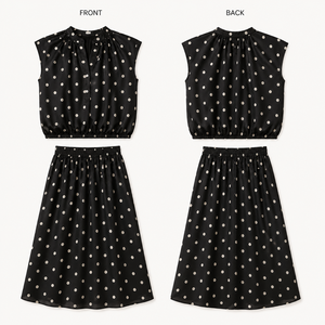 Ensemble 2 pièces pour femmes, haut en mousseline de soie à pois, jupe mi-longue à taille haute, style vintage élégant, <span class=keywords><strong>tenue</strong></span> de plage estivale, noir - Product Image 4