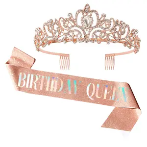 Birthday Queen Sash Rhinestone Tiara Set Hairband Silver For Women Birthday Decor Girl Glitter Crystal Hair Accessories Hairband