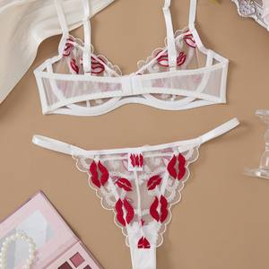 Valentinstag Geschenk Frauen Dessous <span class=keywords><strong>2</strong></span> Stück Stickerei Blume Dessous Set Transparente Unterwäsche Frauen Sexy BH und Tanga Set - Product Image 2