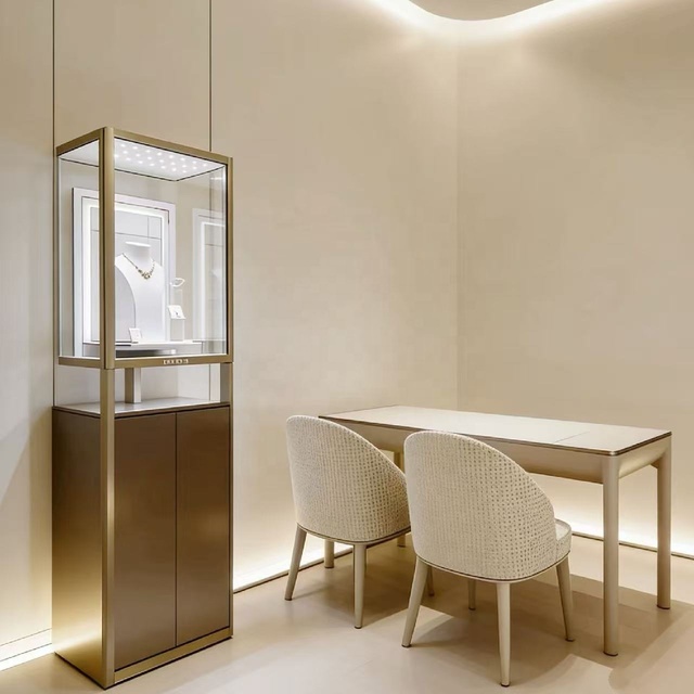 High-End Custom Metal Frame Jewelry Display Cabinet, Tall Glass Case with LED Lighting & Integrated Storage