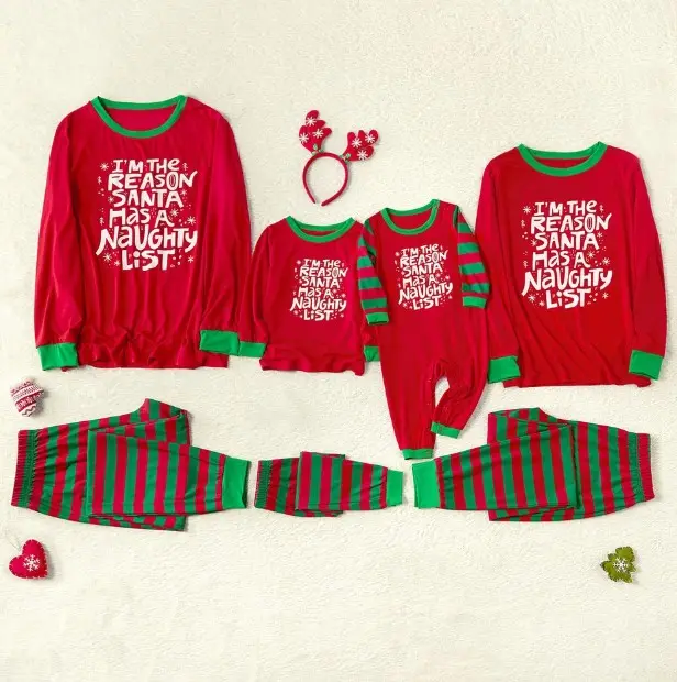 En Stock venta al por mayor de manga larga de algodón de rayas verde impreso de la familia de los niños de algodón conjuntos de pijama de Navidad pijamas de mujer de los niños