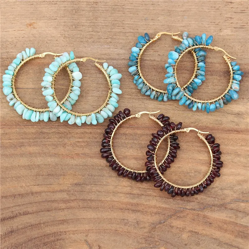 Bohemian Handmade Natural Amazon Stone Garget Chip Beads 18k Gold Wire Wrapped Hoop Earrings Jewelry for Women Girls Wholesale