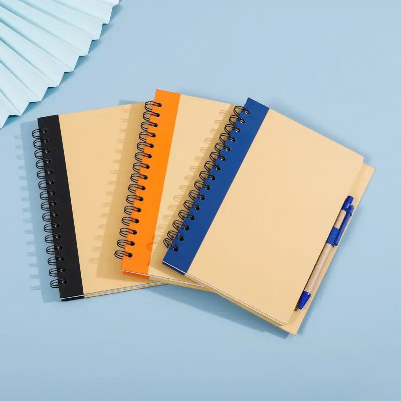 Caderno de papel A5 com logotipo personalizado, capa dura, artesanato ecológico, com caneta, para diário de escritório, encadernação em espiral