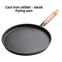 Wajan Pancake Besi Cor Tebal Anti Lengket dengan Gagang Kayu, Kompatibel dengan Kompor Gas, Desain Dasar Rata Modern
