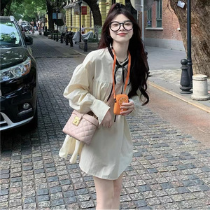 French Style Long Sleeve Puff Sleeve Dress Women Loose Waist <b>Tie</b> <b>Neck</b> Apricot Solid Color Casual Daily Wear Short Skirt - Product Image 3