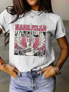 European American Women's Summer T-Shirt Nashville Music City Guitar Music Custom Print Crew Neck Loose Short <b>Sleeve</b> - Product Image 2