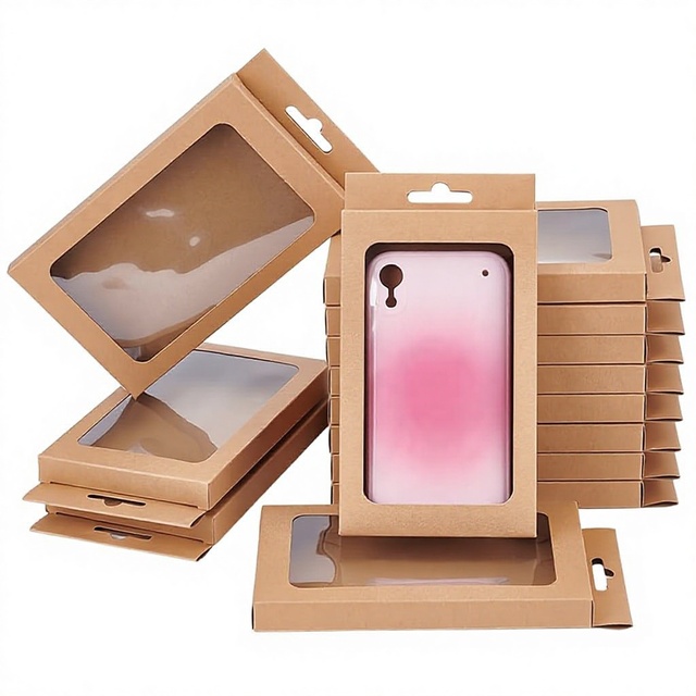 Premium Eco-friendly Kraft Paper Folding Box with Hang Tab for Phone Case Camera Screen Protector Packaging