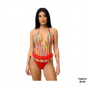 Costume da bagno intero HDJ a righe con scollo a V profondo, taglie forti 38-46, vita alta, con volant e push-up, per donna - Product Image 1