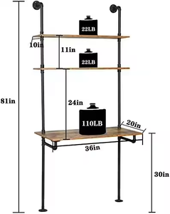Industrial <strong>Desk</strong>, Computer Laptop <strong>Desk</strong> with <strong>Shelves</strong>, Industrial Bookcase <strong>Desk</strong> Wall Mount <strong>Floating</strong> Pipe Table with Storage - Product Image 2