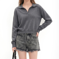 Pull en maille court pour femme, col polo, col en V, manches longues, couleur unie, élégant, décontracté, coupe ajustée, pour le quotidien et le bureau