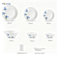 Service de table en verre opale 34 pièces, motifs floraux variés, bord festonné, assiettes, bols, cuillères, pots, ensemble de table domestique