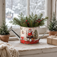 Kantong Santa Natal Nostalgia Motif Beruang Teddy dan Kotak-kotak Tartan, Pot Bunga Logam, Dekorasi Meja Tahan Lama untuk Rumah dan Taman