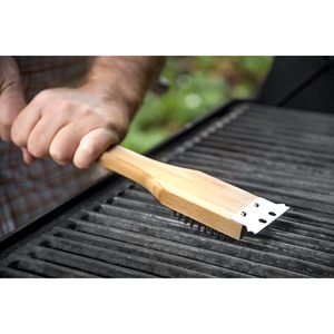 All'inizio della collezione QV40 Verde spazzola per barbecue e raschietto strumento pulitore per griglia con manico in bambù da 14.5 pollici