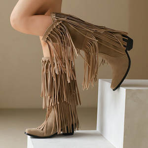 SHIKOL <span class=keywords><strong>botas</strong></span> hasta la rodilla para <span class=keywords><strong>mujer</strong></span> con flecos de talla grande 16 moda al aire libre país desierto fiesta señoras vaquera occidental mujeres <span class=keywords><strong>botas</strong></span> de vaquero - Product Image 1