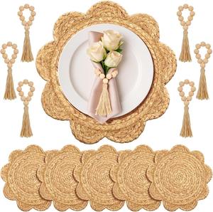 Round Woven Wood Placemats Plate Chargers Wooden Beads Napkin <b>Rings</b> Scalloped Edge Wood Place Mats Non-Toxic Traditional Chinese - Product Image 1