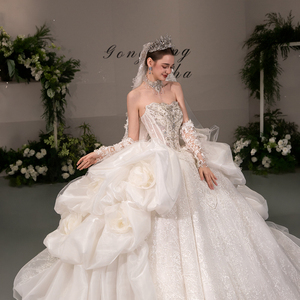 GT172 Modern Luxury Wedding Dresses Bridal Ball Gowns Floor-Length Chapel Train Backless Lace Appliques <b>Sparkly</b> Rhinestones for - Product Image 4