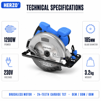 Scie circulaire électrique sans balais HERZO 185 mm 1200 W avec laser et extraction des poussières 6000 tr/min