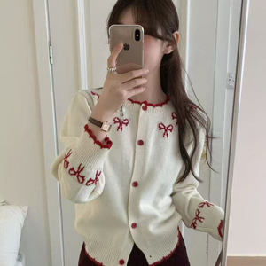 Cardigan en tricot doux et chaud pour femme, style coréen, avec nœud contrastant, nouvelle collection automne-hiver, coupe ajustée - Product Image 1