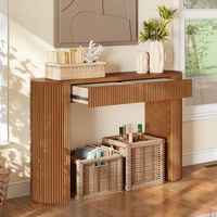 Table console en bois cannelé moderne avec bord arrondi et tiroir de rangement, idéale pour l'entrée, le couloir ou comme table de canapé pour le salon