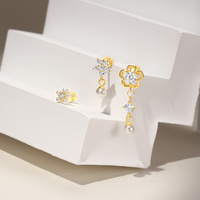 Ensemble de 3/4 pièces tendance et minimaliste en argent sterling S925 avec zircon et saphir, comprenant des boucles d'oreilles pendantes à chaîne, des boucles d'oreilles créoles et des clous d'oreilles fleur et perle pour femme