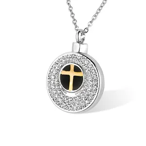 Wholesale Gold Plated Cross Ash Urn Pendant Zircon Inlay Round Engraving Cremation Pendants Necklace