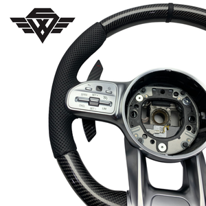 Volant en fibre de carbone pour Mercedes Benz W204 W213 2012 <span class=keywords><strong>2021</strong></span> <span class=keywords><strong>AMG</strong></span> 809 A35 A45 C63, style sport, vente directe d'usine - Product Image 2