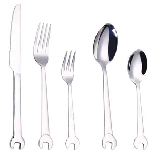 H805 Sendok Garpu Dapur Rumah Gaya Barat Warna Solid Set Alat Makan Kreatif Pegangan Kunci Pas Pisau Stainless Steel Sendok Garpu