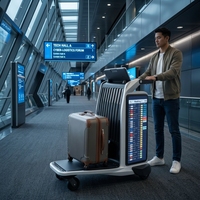Chariot à bagages intelligent pour aéroport avec navigation IA, écran LCD, fonctions publicitaires tactiles et options OEM
