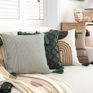 Funda de Cojín Lumbar Moderna Minimalista con Diseño Geométrico Cuadrado, Estampado de Borlas, Lavable, de Poliéster y Algodón - Product Image 1