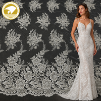Tissu de dentelle de mariage blanc tissé à perles, nouveau design tendance / Broderie de sequins à perles machine, double face, très lourd, pour confection de jouets