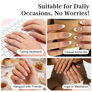 Faux ongles à presser en acrylique Beetles French Tip avec colle, forme amande courte, gel 4-en-1 pré-appliqué, base et primer - Product Image 5