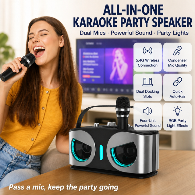 Karaoke Machine Portable Speaker Dual Wireless Mics Surround Stereo RGB for Family Party Outdoor Singing Wholesale OEM Custom
