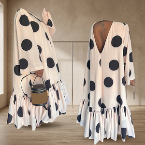 Polka Dot Maxi <b>Dress</b> Women <b>Loose</b> Long Sleeve Deep V Neck Ruffle Hem Chiffon Casual Summer <b>Dress</b> Asymmetric Design - Product Image 3