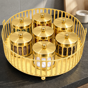 Ensemble de pots à épices modernes dorés, 6 bocaux en verre, tiroir de rangement, plateau effet bois, gain de place, réutilisable, facile à nettoyer, pour herbes de cuisine - Product Image 3