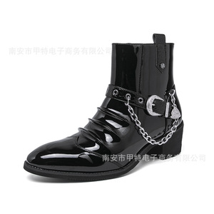 Botas de Couro Envernizado de Inverno com Zíper, Tamanho Grande, Estilo Inglês, Casuais, de Cano Alto, Botas Curtas para Homens - Product Image 2