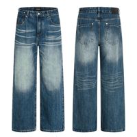 Jean en denim de coton bleu foncé délavé coupe bootcut style américain taille mi-haute unisexe vintage pour toutes les saisons