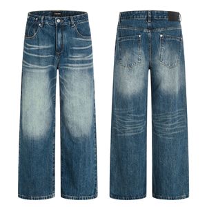 Jean en denim de coton bleu foncé délavé coupe bootcut style américain taille mi-haute unisexe vintage pour toutes les saisons - Product Image 1